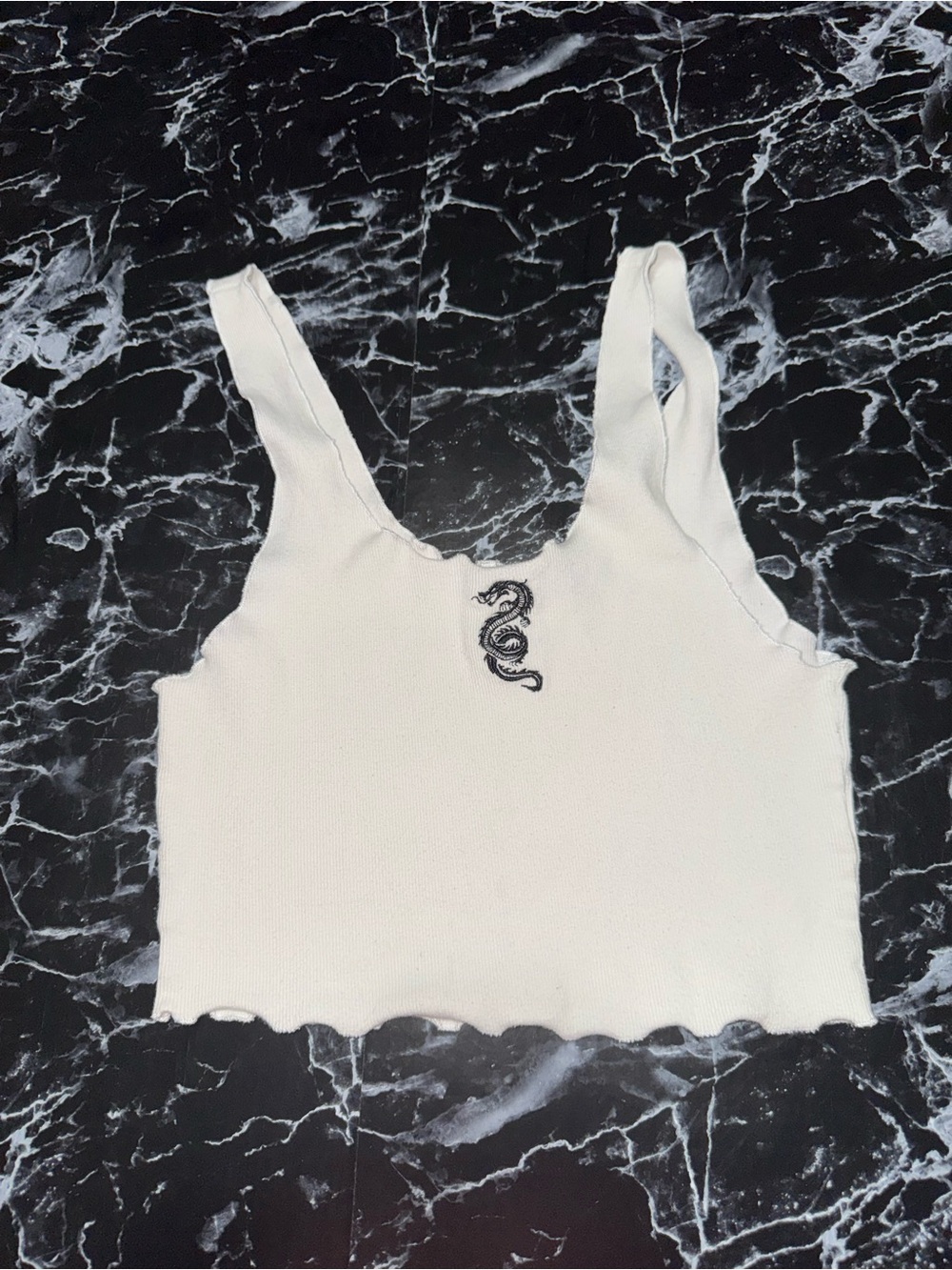 Forever 21 White Cropped Ribbed Tank with Black Snake Embroidery